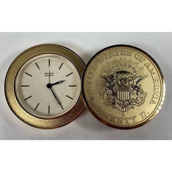 Seiko Quartz Twenty Dollar Gold Coin Alarm Desk Travel Clock Presidential Seal - Picture 2 of 13